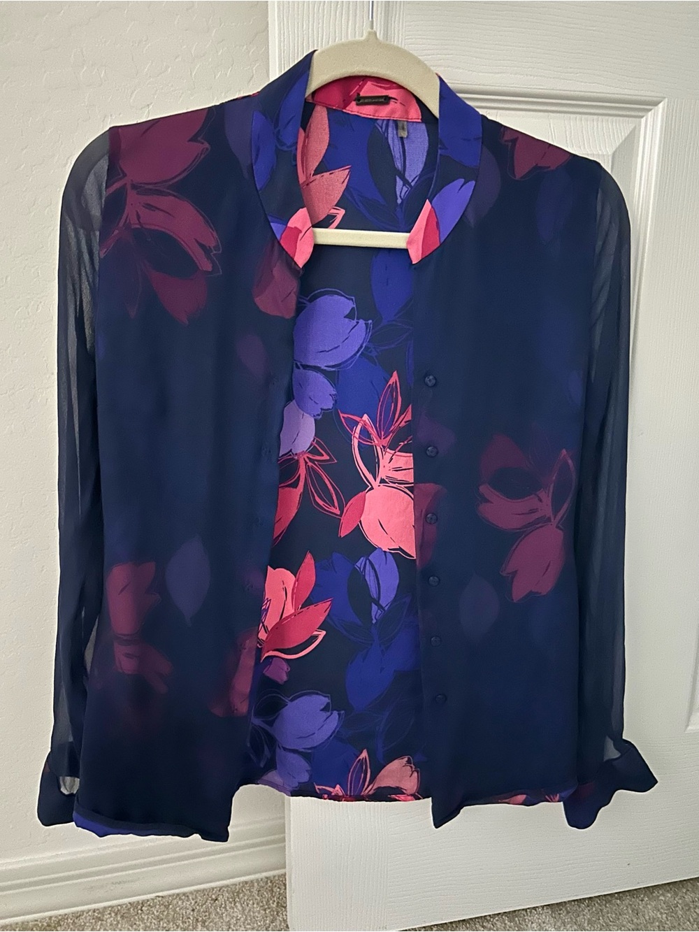 Elie Tahari Navy Snap-Down Blouse with Pink & Purple Floral
